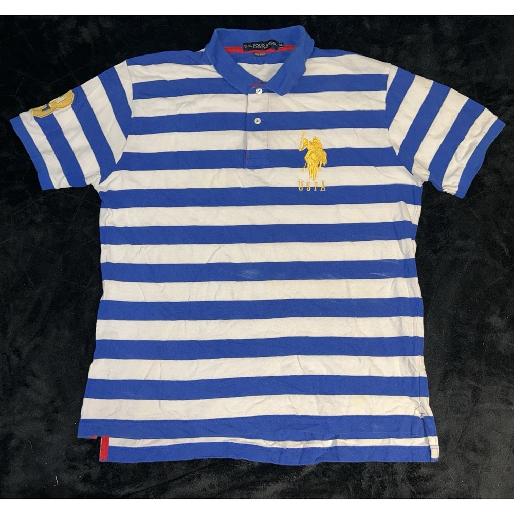 Polo Assn USPA Big Pony Logo Short Sleeve Polo Shirt Blue White Stripes Mens XL